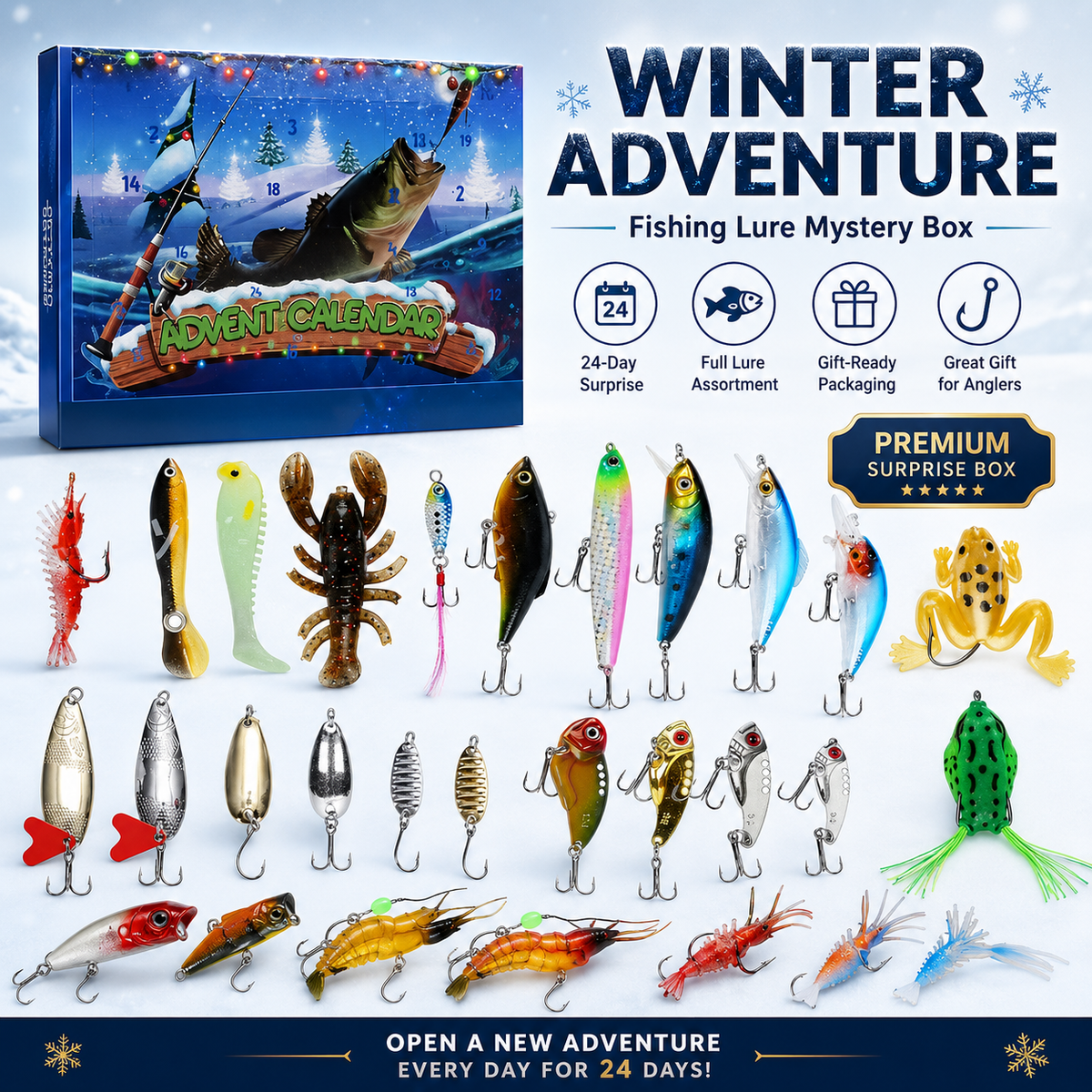 24-Day Fishing Lure Advent Calendar Mystery Box – Assorted Fishing Baits & Tackle Gift for Anglers