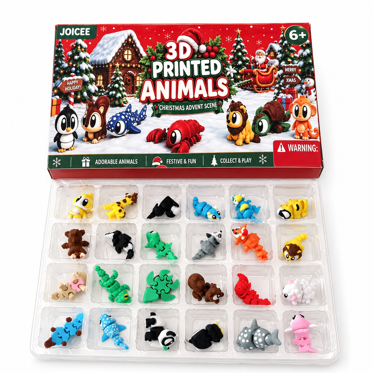 Close-up of small articulated animal toys in a hand, showing their size and 3D printed texture
